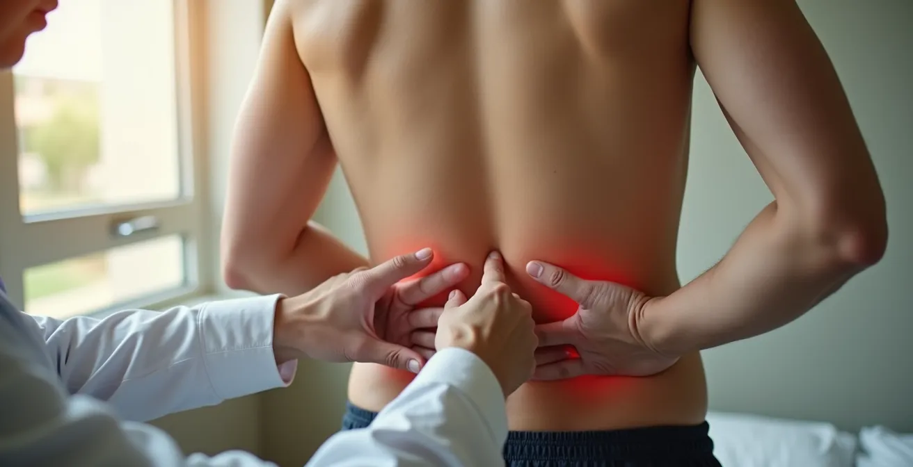 Gros plan sur les mains d'un professionnel de santé examinant le dos d'un patient